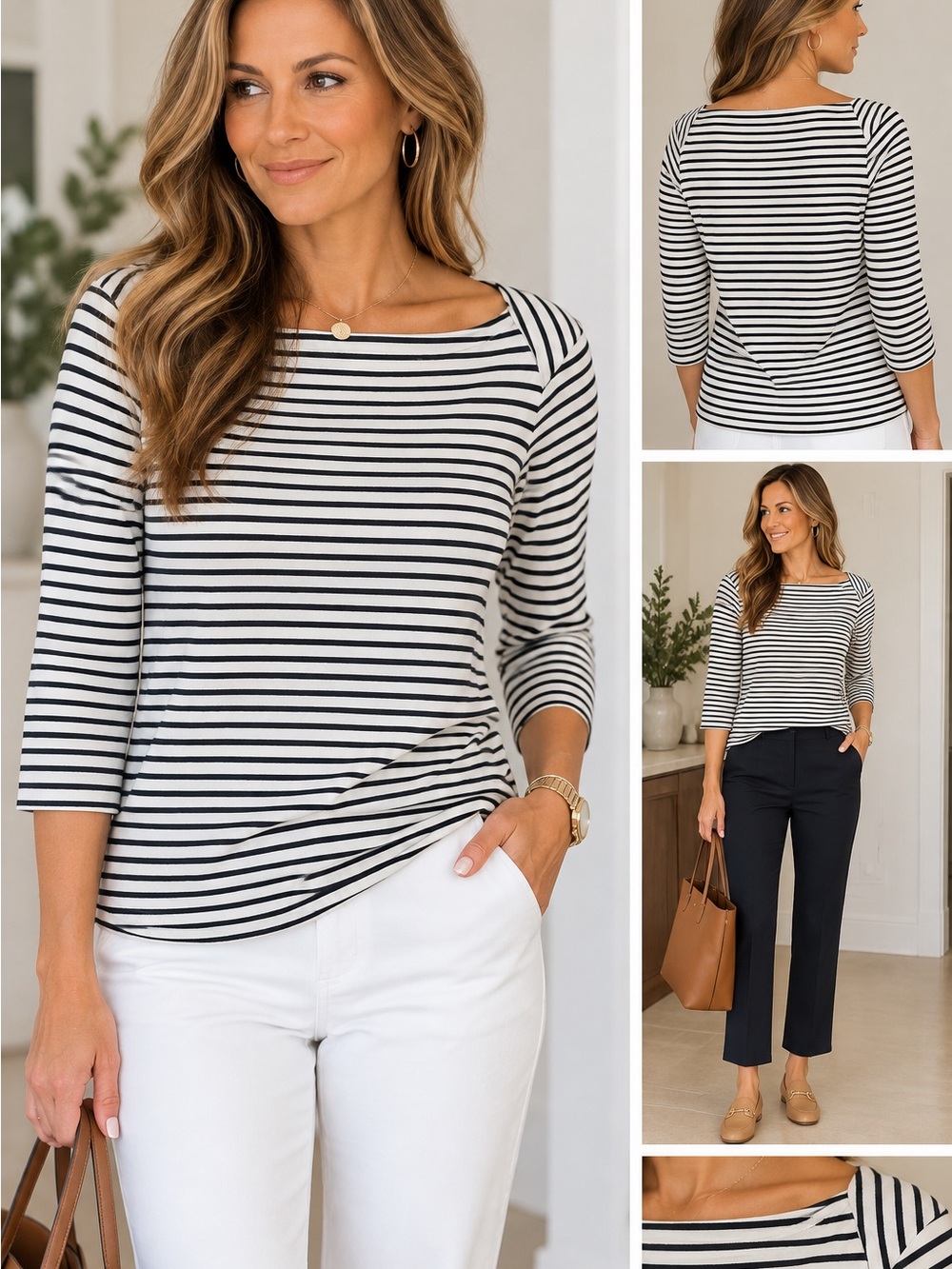 The Limited Classic Stripe Boatneck Top - Black & White L